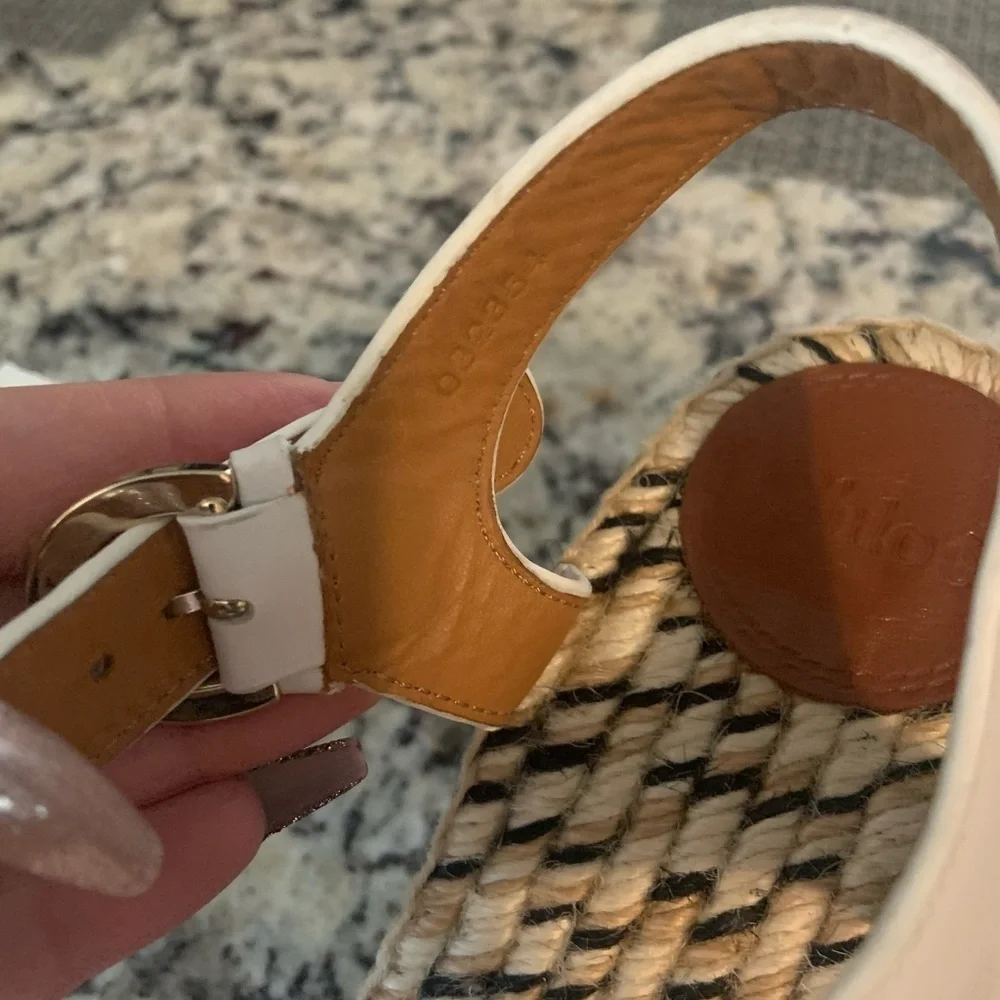 CHLOE Pila leather and canvas wedge espadrilles white / cream logo resort nwot